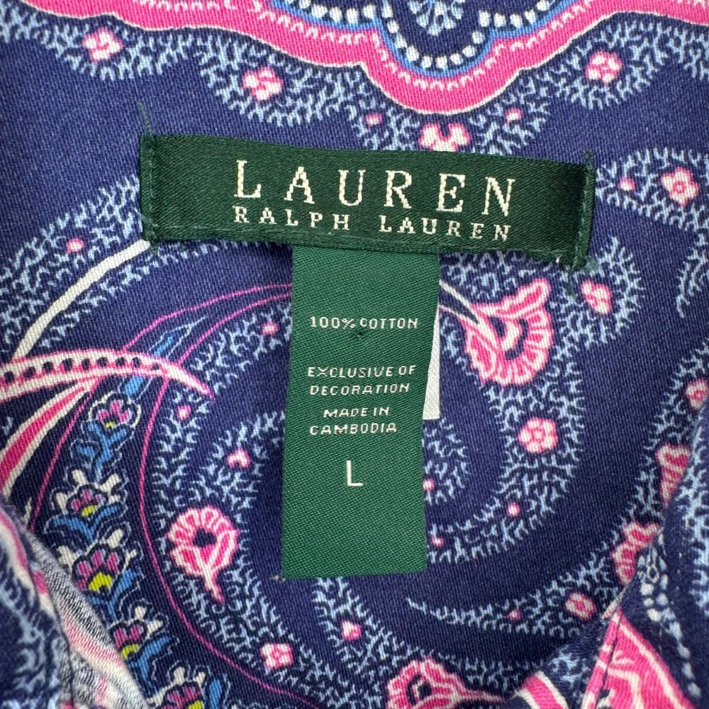 Lauren Ralph Lauren Sleep Shirt Womens L Blue Pink Paisley Cotton Button Front